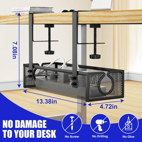 REFLYING Under Desk Cable Management Tray, Black Metal Long Arms, No Drill Mesh Desk Cable Tray for Office Organization