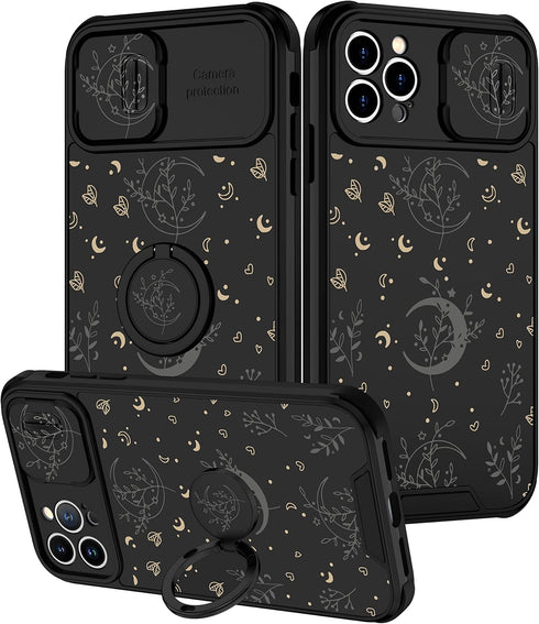 Goocrux iPhone 12 Pro Case, Moon Plants Cute Phone Cover with Slide Camera Cover + Ring Holder, 6.1'', Black