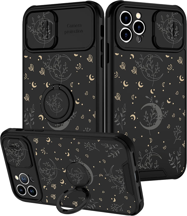 Goocrux iPhone 12 Pro Case, Moon Plants Cute Phone Cover with Slide Camera Cover + Ring Holder, 6.1'', Black
