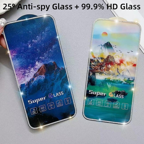 ?2 PACK? Diamond Luminous Edge Tempered Glass Film for iPhone 15Pro Screen Protector, 1 Clear HD + 1 Anti Spy, Case