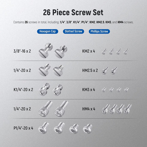 NEEWER 26PCS Camera Screw Set for Photography Equipment, Includes 1/4" 3/8" M2 M2.5 M3 and M4 Screws Compatible with SmallRig NEEWER Camera Cage, Top Handle, Side Handle Grip, Tripod QR Plate, UA002