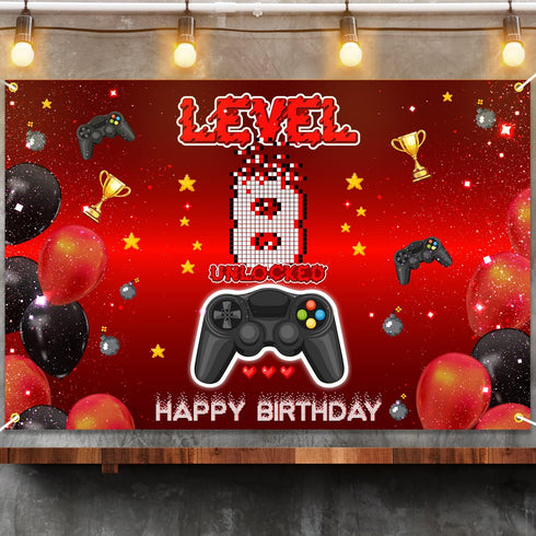 Level 8 Unlocked Backdrop Banner Decorations - Video Game Happy 8th Birthday for Boys Kids