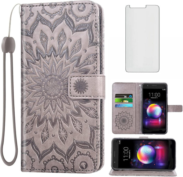 LG K30 2018 Phone Case Wallet with Tempered Glass Screen Protector, Flip Cover, Card Holder, Gray