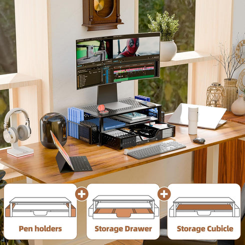 Simple Trending 2 Tier Metal Monitor Stand, Computer Desk Organizer with Drawer and Pen Holder for Laptop, Computer,