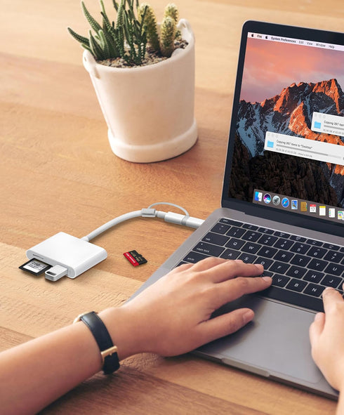 AkHolz 3 SD Card Reader for iPhone iPad Built-in Lightening & USB-C Dual Connectors Card Adapter with SD MicroSD USB-A