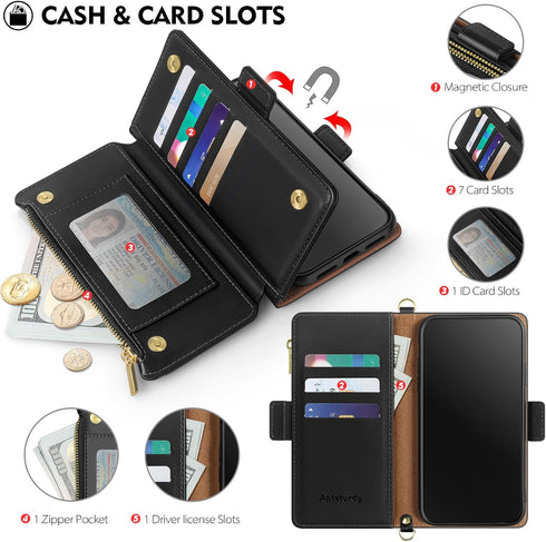 Antsturdy Wallet Case for iPhone 15 Pro Max, RFID Blocking PU Leather Crossbody Phone Case with Zipper Wrist Strap,
