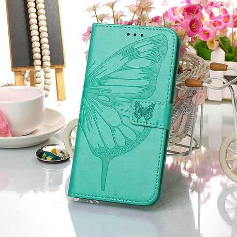 Flip Cover Phone Case Wallet for Samsung Galaxy A12, Butterfly Floral Embossed, Wrist Strap, Card Holder, Green
