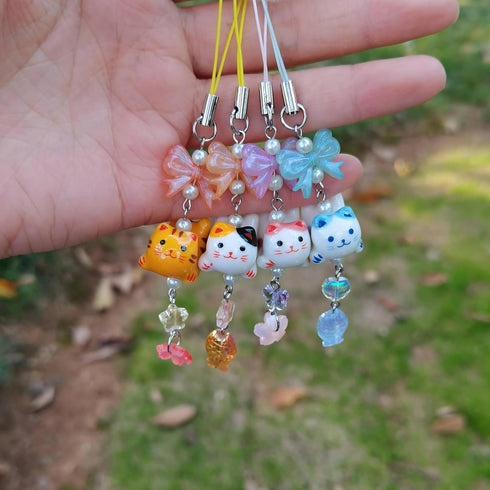 Cute Lazy Cat Phone Charm with Bow, Flower, Fish, Butterfly Beaded Aesthetic Keychain Accessories