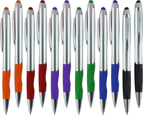SyPen 2-1 Twist Action Stylish Silver Barrel Capacitive Stylus with comfort grip Ball point Blue Ink Pen for Touchscreen Devices, Iphone, Ipad, Android Tablets (12-Pack)