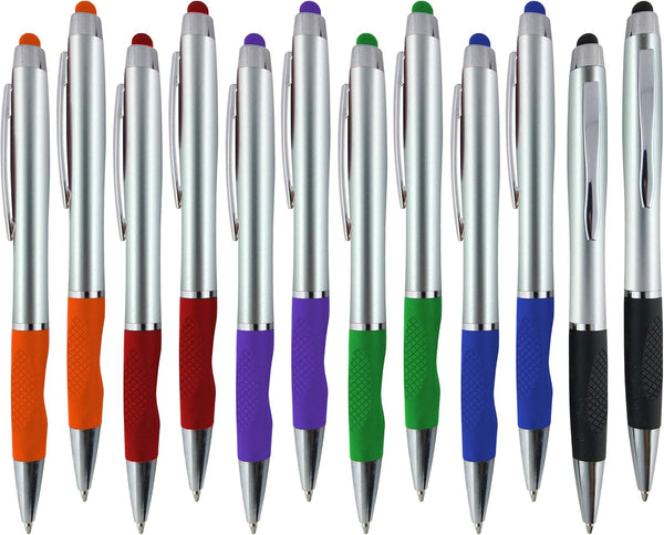 SyPen 2-1 Twist Action Stylish Silver Barrel Capacitive Stylus with comfort grip Ball point Blue Ink Pen for Touchscreen Devices, Iphone, Ipad, Android Tablets (12-Pack)