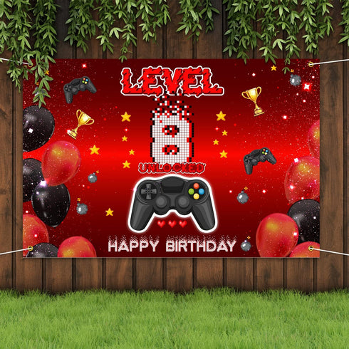 Level 8 Unlocked Backdrop Banner Decorations - Video Game Happy 8th Birthday for Boys Kids
