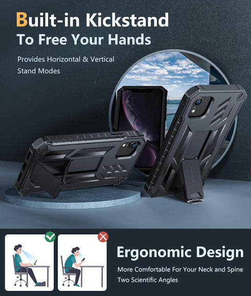 FNTCASE iPhone XR Case: Rugged Black Military Grade Shockproof Cover with Kickstand - Matte Textured Heavy Duty
