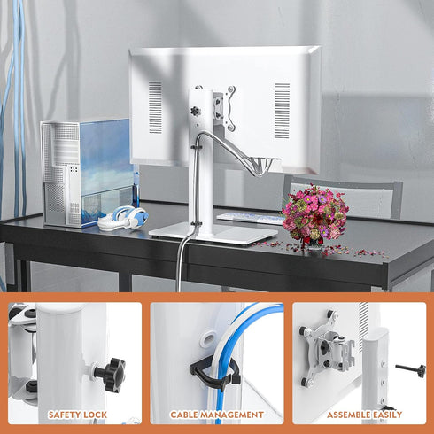 Single LCD Computer Monitor Free-Standing Desk Stand Riser - Height Adjustable for 13 to 32 Inch Screen, White