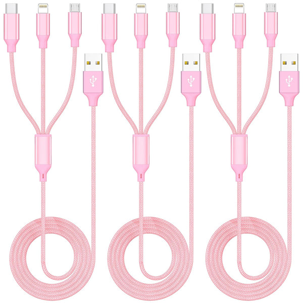 Multiple Charger Cable 3-Pack 4FT Multi Charging Cable with Type C Micro Lightning USB Connectors for Cell Phones Pink