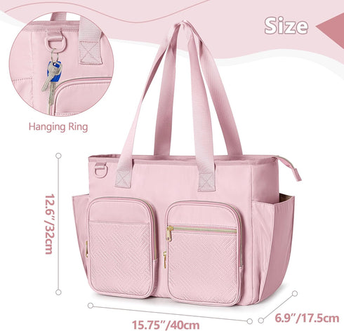 Teacher Tote Bag for Women, Large Utility Bag with Laptop Compartment, Pink (Empty Bag, Patent Design)