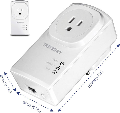 TRENDnet Powerline 500 AV Adapter Kit, 2 x TPL-407E, Built-In Outlet, Plug & Play, White