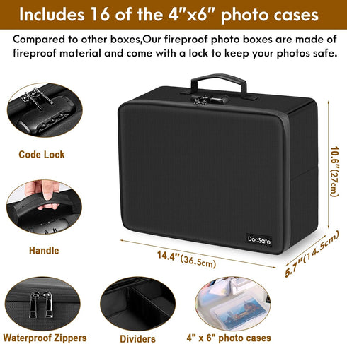 Photo Storage Box with Lock - DocSafe Fireproof Organizer with 16 Inner Photo Cases, Collapsible Portable Filing Safe