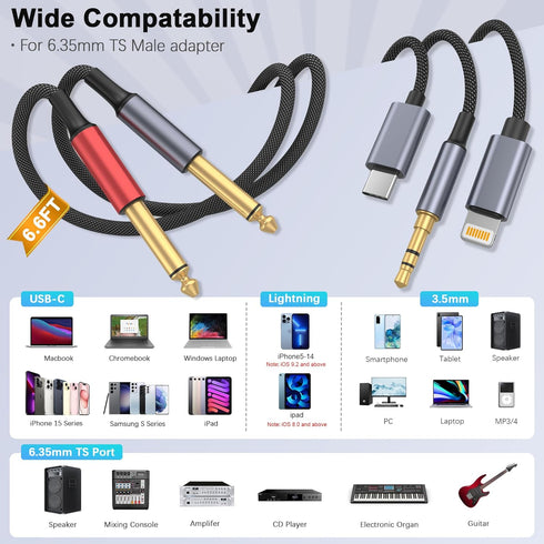 USB C 3.5mm and Lightning to Dual 6.35mm 1/4" TS Mono Stereo Y-Cable, 3 in 1 Dual 1/4 inch Audio Cable for iPhone