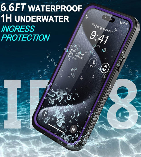 iPhone 15 Pro Max Case Waterproof, Built-in Screen Protection, IP68 Underwater, Military Dropproof, Purple