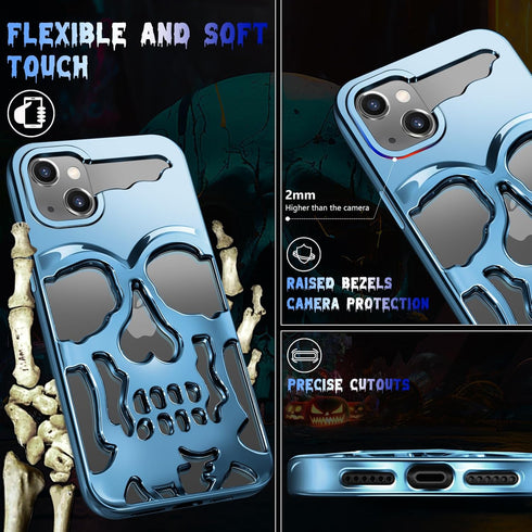iPhone 13 Phone Case, Sierra Blue Cool Skull Skeleton Gothic Hollow Design for Men & Women