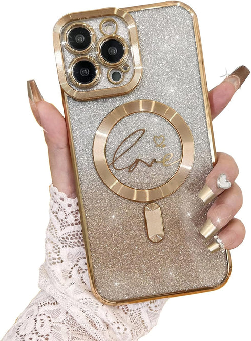 Fiyart iPhone 13 Pro Max Case - Gold Magnetic Glitter, Clear Love Heart Plating, Shockproof, MagSafe Compatible, 6.7"