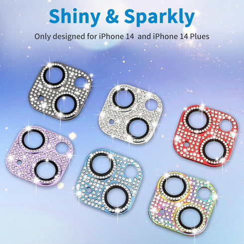 Bling 3D Rhinestone Camera Lens Protector for iPhone 14 & 14 Plus, 9H Tempered Glass, Anti-Scratch, Shockproof,