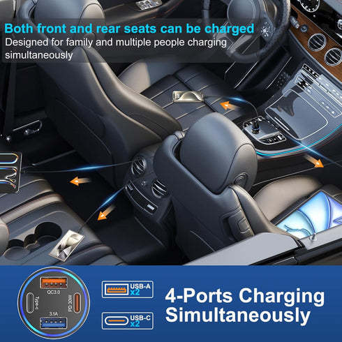 USB C Car Charger, 2 Pack 4-Port 65W Dual USB-C & USB-A Fast Charging Adapter for iPhone 15 14 13 12 11 Pro Max