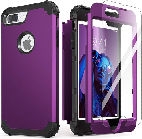IDweel iPhone 8 Plus Case with Tempered Glass Screen Protector, 3 in 1 Shockproof Slim Hybrid Heavy Duty Cover, Navy