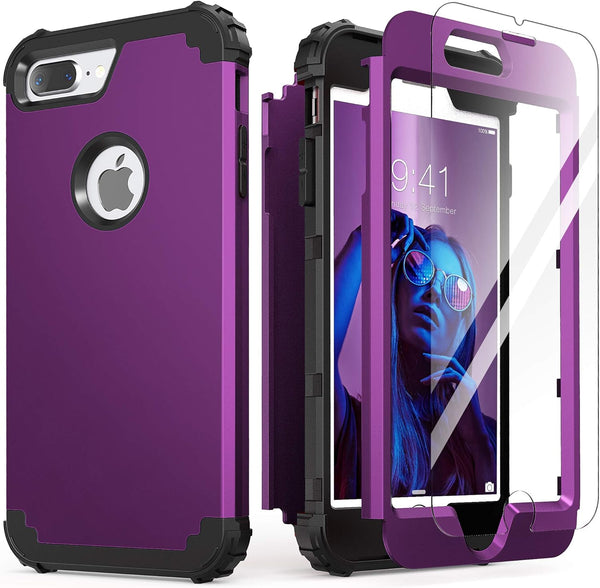 IDweel iPhone 8 Plus Case with Tempered Glass Screen Protector, 3 in 1 Shockproof Slim Hybrid Heavy Duty Cover, Navy