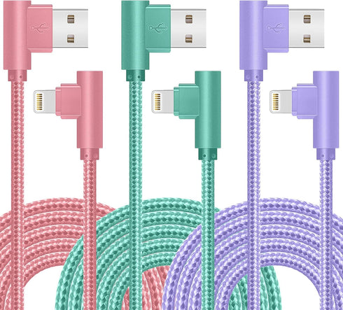 Lightning Cable iPhone Charger 10ft 3 Pack 90 Degree Long Strong Nylon Braided MFi Certified Charging Cable Compatible
