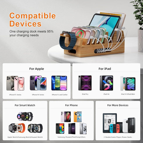 Pezin & Hulin Bamboo Charging Station Organizer for Multiple Devices & Wood Desktop Docking Stand for Cell Phone,
