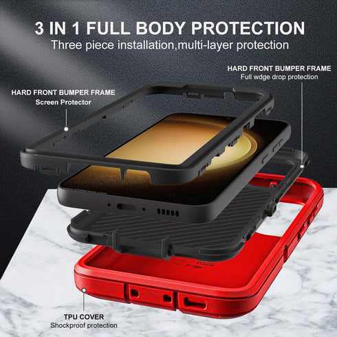Samsung Galaxy S23 Plus Case with 2Pcs Military Grade 3 in 1 Heavy Duty Case, Red/Black, Screen & Camera Protectors
