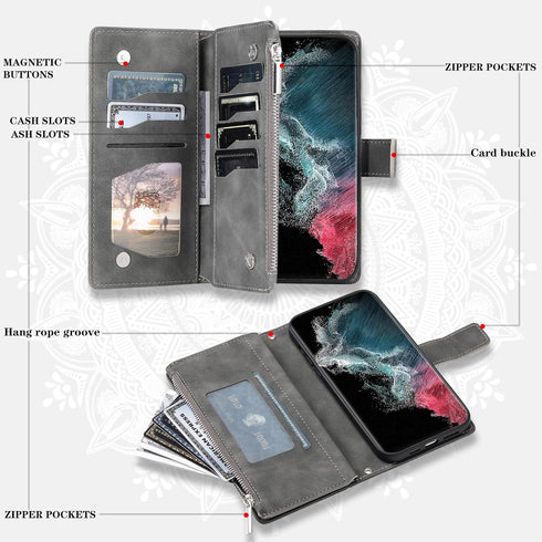 Asuwish Wallet Case for Samsung Galaxy S22 Ultra 5G - Grey Mandala Flower, Zipper Card Holder & Screen Protector.
