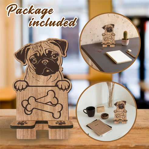 Dog Theme Wooden Phone Holder - Pug, Charging Station for E-Book, Smart Phones, Tablets, Desktop Organizer (Dog Lover