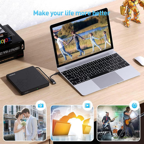 External DVD Drive, USB 3.0 Type C CD/DVD ROM +/-RW Adapter for Laptop PC, Compatible with Mac Windows