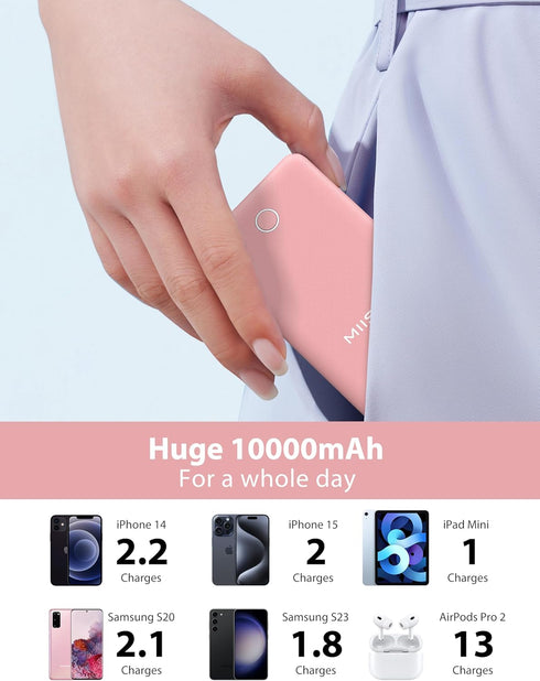 miisso 10000mAh Slim Portable Charger with Built-in Cable, Travel Power Bank for Phone, 4 Output USB Type C