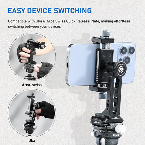 Ulanzi MA53 Metal Phone Tripod Mount Adapter with Arca Swiss/Uka Interface, 2 Cold Shoe, 360° Swivel for Photo Video