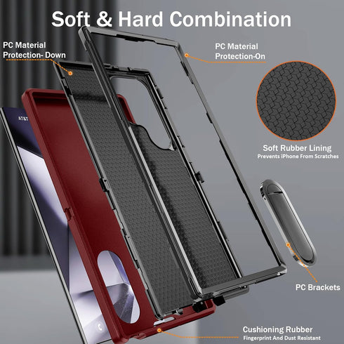 BaHaHoues Samsung Galaxy S24 Ultra Case, Shockproof Military Grade Cover with Kickstand, Red/Black 5G Protection.