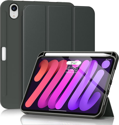 Soke iPad Mini 7 A17 Pro Case 2024, iPad Mini 6 Case 2021 with Pencil Holder, Shockproof Protection, Dark Grey