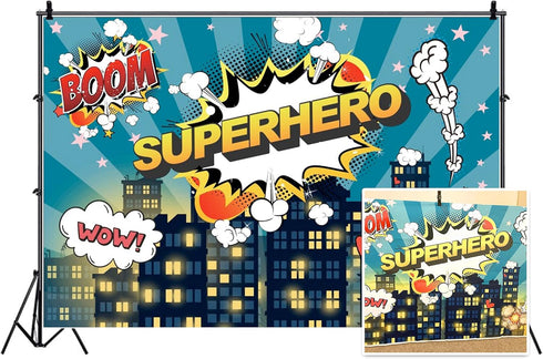 Haoyiyi 5x4ft Superhero City Backdrop, Dark Blue Sky Boom Cloud Background for Photography Activity Decoration