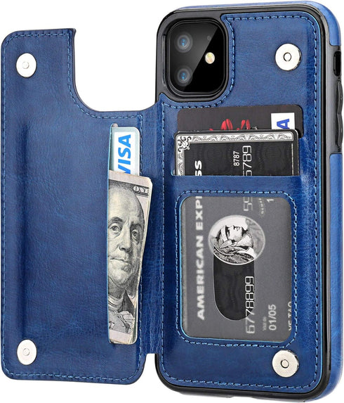 OT ONETOP Wallet Case for iPhone 11 with Card Holder, PU Leather Kickstand, Double Magnetic Clasp, Shockproof (Blue)