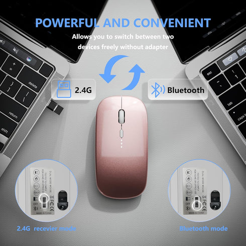 Slim Rechargeable Wireless Silent Mouse, 2.4G Wireless & Bluetooth Technology for Laptop/PC/Mac/iPad (Rose Gold)