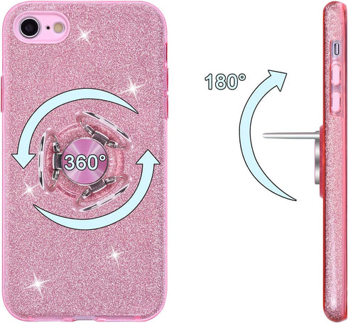 Wisdompro Case for iPhone SE 2022/2020, for iPhone 8, for iPhone 7, Cute Glitter Bling Sparkly Case with Ring Stand,