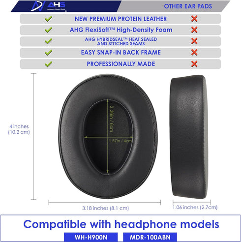 Premium WH-H900N & MDR-100ABN Ear Pads Cushions for Sony Headphones (Black) | Protein Leather, High-Density Foam,