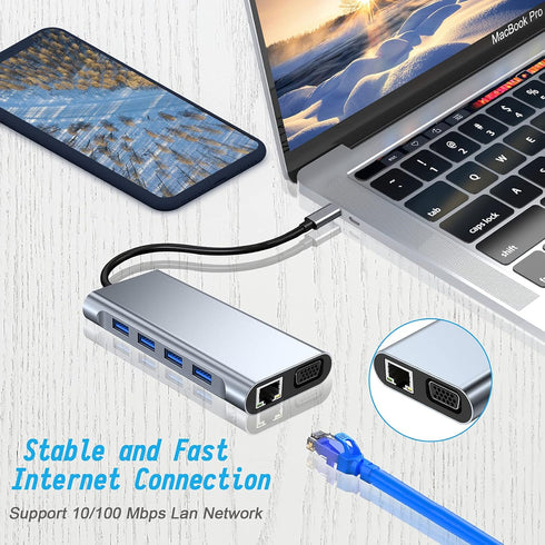 USB C HUB 11 in 1 Dongle with 4K HDMI, VGA, Type C PD, USB3.0, RJ45 Ethernet, SD/TF Card Reader