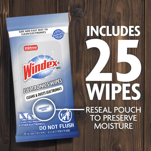 25 Count Windex Electronic Cleaning Wipes, Pre-Moistened Screen Wipes for TVs, Phones, and Other Electronics