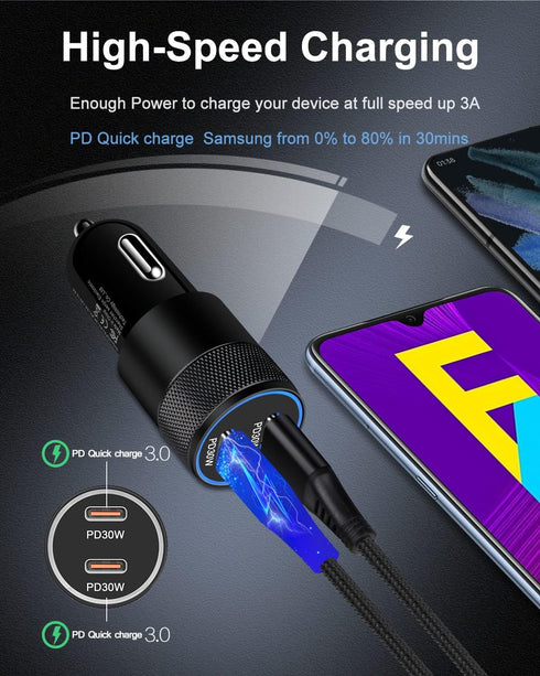 Super Fast Car Charger for Samsung Galaxy, 3pack 60w Dual-Port USB-C Car Charger Cigarette Lighter Adapter + 2pcs Pd Typec to C Cable for Galaxy S24 S23 S22 S20 S10 Note 20 10 A14 iPhone 15 USBC Cord