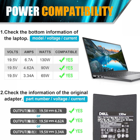PA-4E DA130PE1-00 JU012 CM161 (Tip 7.4mm) for Dell Inspiron 7559 Charger, 130W Laptop Charger, Dell AC Adapter