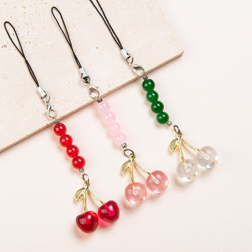 ZIZYLLE 3 Pack Cherry Phone Charm Strap Beaded Phone Chain in Red, Pink and Green, Aesthetic Cute Cellphone Accessories