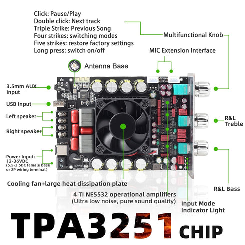 T220HS 220W+220W Power Amplifier Board, 2.0 Channel Audio Power Module with Subwoofer, Treble and Bass Control